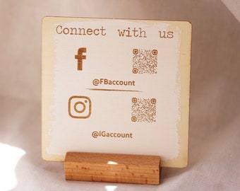 Connectez-vous avec nous Sign - Code QR personnalisé en bois rustique pour petite entreprise - Instagram Tiktok Business Salon Restaurant Bar Review Tips Sign