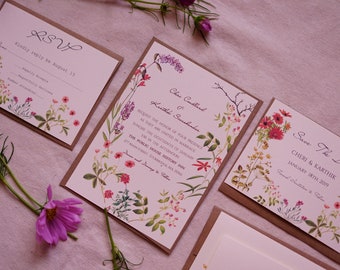 Printable or Printed - Wildflower Wedding Invitation set, Floral wedding invitation, Garden wedding, outdoor wedding, botanical wedding