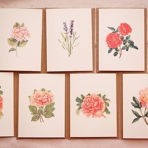 Ensemble de 7 cartes de vœux botaniques - Variété florale Cartes de notes pliées avec enveloppes- Pivoine Lavande Carte de note vierge - Carte de vœux de printemps