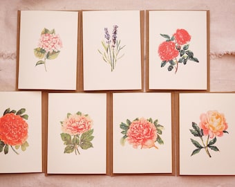 Set di 7 biglietti d'auguri botanici - Biglietti per appunti piegati varietà floreale con buste - Biglietto per appunti vuoto lavanda peonia - Biglietto d'auguri primaverile