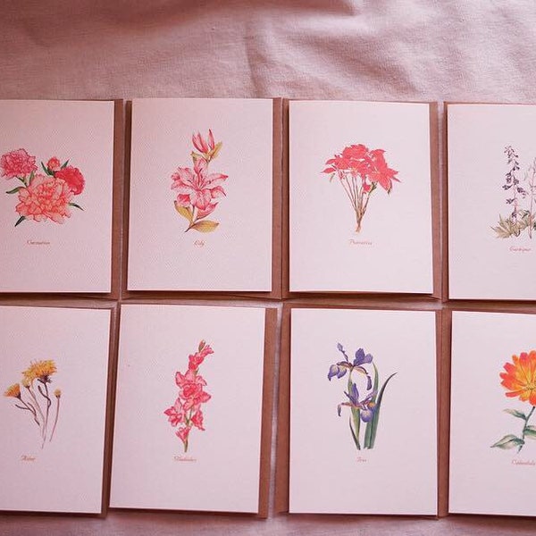 Birth flower greeting Cards - Birth flower Note Card - Floral Variety Pack Folded Note Card with Envelope - botanical Greeting Card Handmade