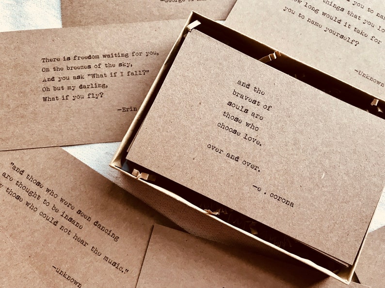 Box of 40 inspirational Quotes on kraft paper cardstock with typewriter style print. COME SEE THESE 33 Gorgeous Inspirational Quotes to Encourage, Motivational Messages & Affirmation Cards to Uplift!
