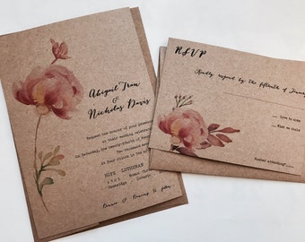 Budget saving - floral invitation - rustic wedding invitation - peony wedding  invitation - boho wedding - vintage wedding - typewriter wedd