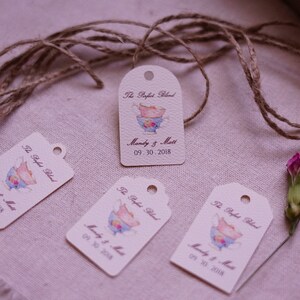 May include: Four cream-colored gift tags with brown twine. Each tag features a watercolor illustration of a teacup and saucer with the text "The Perfect Blend" and "Mandy & Matt" with the date "09.30.2018".