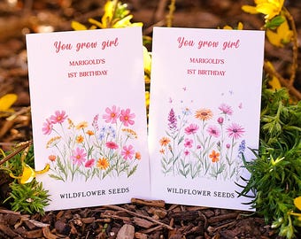 YOU GROW GIRL Custom Wildflower Birthday Seed Packets. Custom First Birthday Seed Packet Favors. Our Little Wildflower Birthday Theme Favor