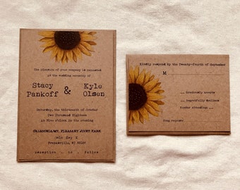 Sunflower wedding invitation - floral wedding invitation - boho wedding - country wedding invitation - rustic wedding invitation brown kraft