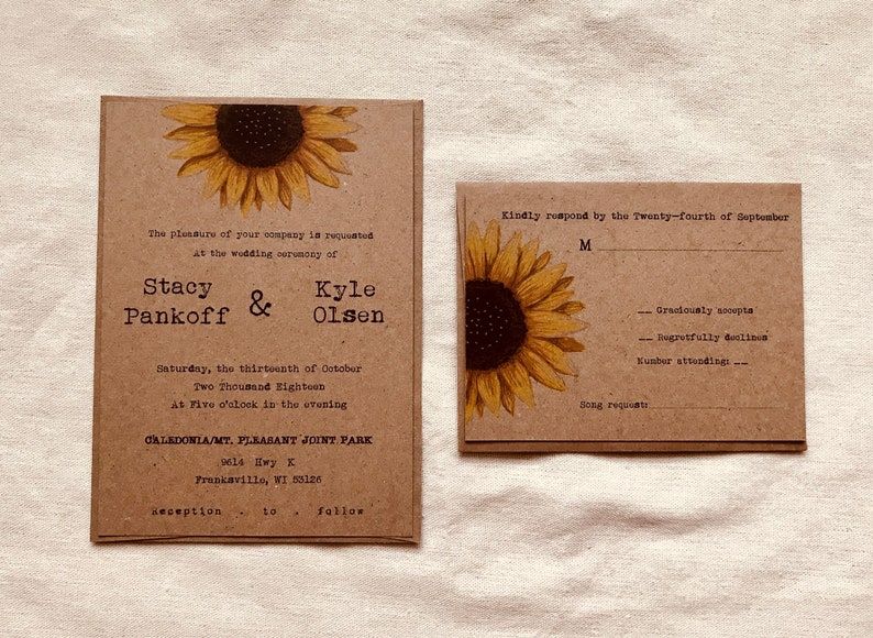 Sunflower wedding invitation floral wedding invitation boho wedding country wedding invitation rustic wedding invitation brown kraft image 1