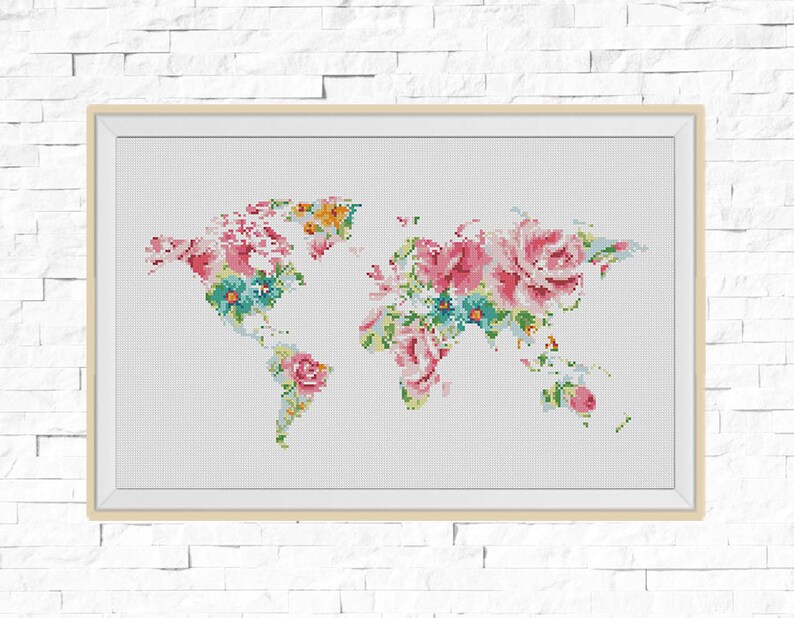 BOGO FREE World Map Cross Stitch Pattern Floral World Map Etsy