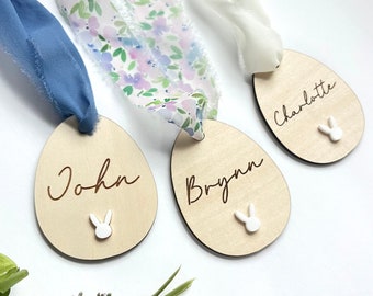 Easter Basket Tags, Custom Engraved Wooden Easter Egg Basket Tag, Custom Easter Gift, Kids Easter Gift, Neutral Boho Easter, Montessori