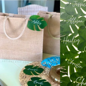 Palm Leaf Name Tag- Monstera Name Tag for Bags, Tropical Bachelorette Party Gift Tag, Bachelorette Bag, Bachelorette Tote, Bridesmaid Bag