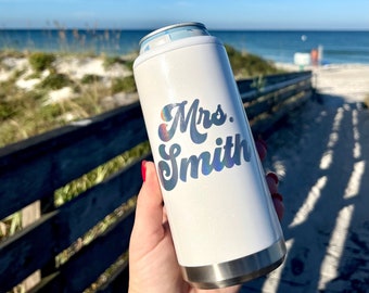 Retro Future Mrs Engagement Gift- Newly Engaged, Mrs Skinny Can Cooler Engagement Gift Personalized Mrs Gift Bridal Shower Gift