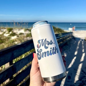 Retro Future Mrs Engagement Gift- Newly Engaged, Mrs Skinny Can Cooler Engagement Gift Personalized Mrs Gift Bridal Shower Gift