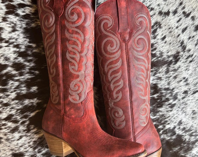 Myra Nalejandra Leather Boots for Women – Western Swirl Stitching, Low Block Heel for Country Style and Everyday Comfort