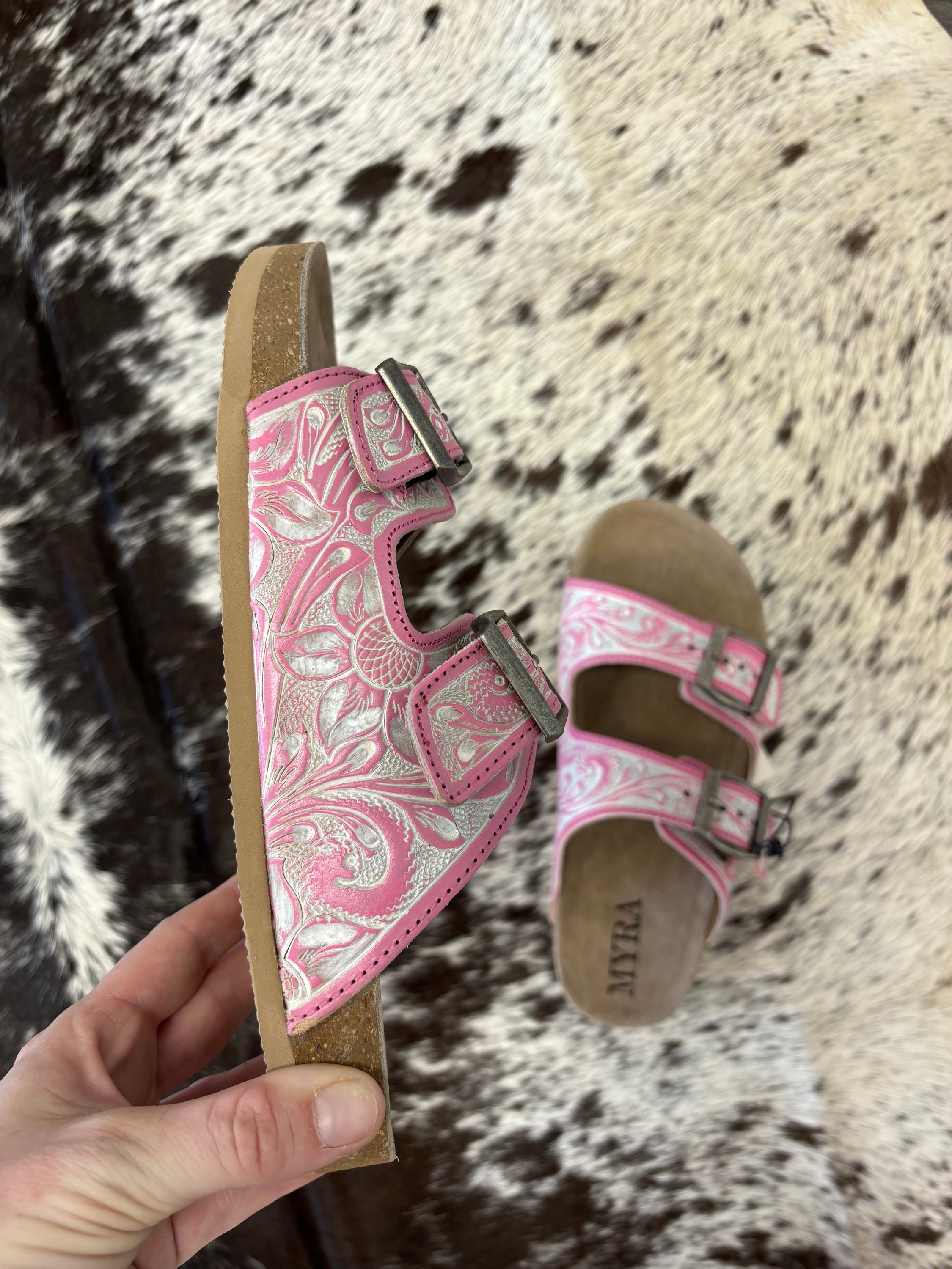 Women's Pink/white Western Floral Hand-tooled Leather Sandals - Etsy