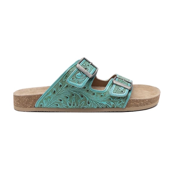 Women's Turquoise Western Floral Hand-Tooled Leather Sandals