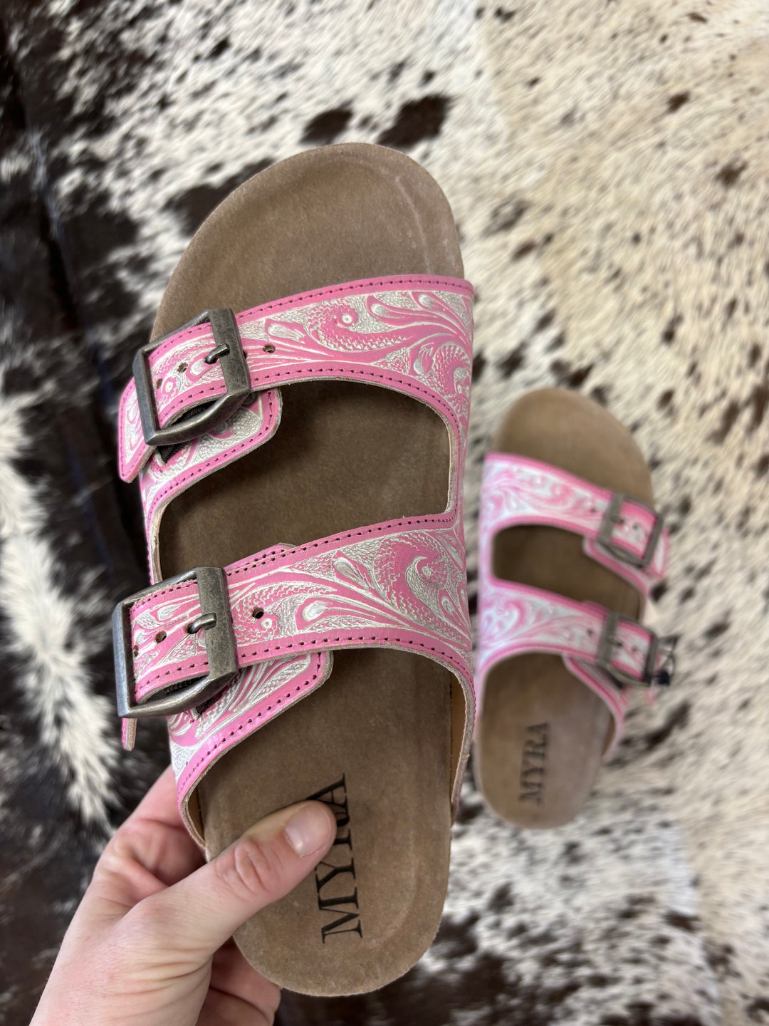 Women's Pink/white Western Floral Hand-tooled Leather Sandals - Etsy