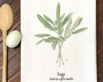Sage flour sack tea towel-herb tea towel-gift for cook-art by botanical artist-botanical tea towel-farmhouse decor-kitchen decor-herb art