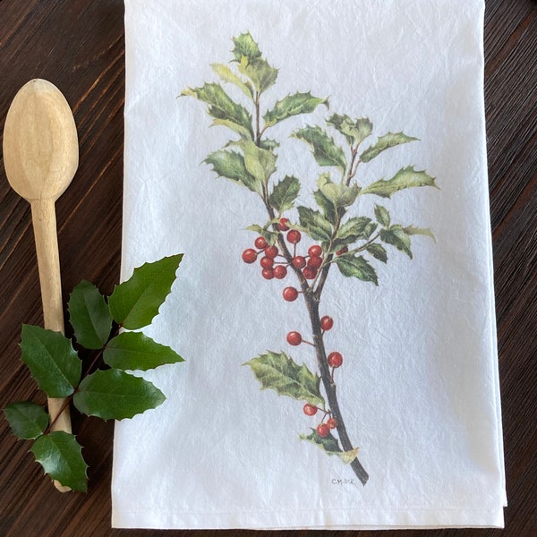 Holly branch cotton tea towel-Christmas tea towel-flour sack tea towel-kitchen decor-winter decor-botanical artist