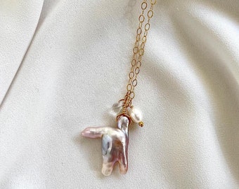 Süßwasserperle, facettierter Quarz, 14K Gold Fill Kette & Verschluss // Weiß Creme Rosa Mauve Klar, Hühnerfüße Perle Anhänger Einstellbar