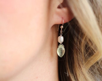 Green Prehnite Faceted Marquise, Fresh Water Pearl & Sterling Silver Earrings // Light Green and White, Lightweight Dainty Delicate Earrings