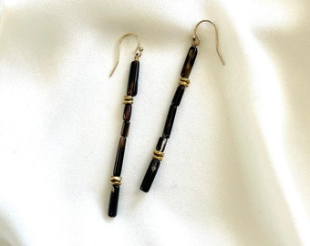 Agate Tubes, Brass Beads and 14K Gold Fill Ear Wires // Black Brown Clear, Minimalist Lightweight Geometric, One of a Kind OOAK Earrings