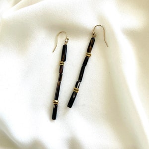 Agate Tubes, Brass Beads and 14K Gold Fill Ear Wires // Black Brown Clear, Minimalist Lightweight Geometric, One of a Kind OOAK Earrings image 1
