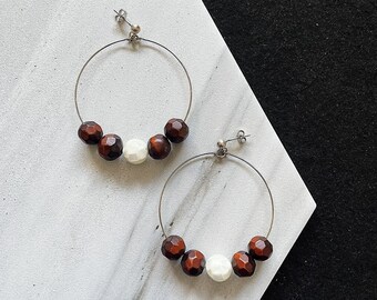 Faceted Wood Beads, Mother of Pearl & Sterling Silver Studs // Brown Cream Geometric Circle Hoops, Lightweight Neutral Statement Earrings