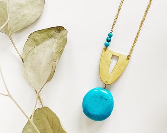 Blue Turquoise with Brass Accent and Gold Plated Nickel Free Chain // Organic Nugget Statement, Pop of Color, Long Length Necklace