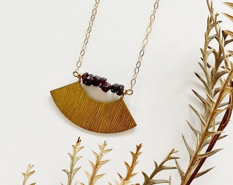 Dark Red Garnet, Brass Shield Shape and 14k Gold Fill Chain // January Birthstone, Geometric Statement Midi Length Adjustable Necklace