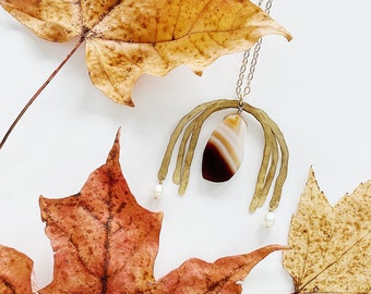 Agate with Hammered Brass Accents, Mother of Pearl and 14k Gold Fill Chain // Organic Slab Statement Red, Cream, Brown, Orange Long Necklace