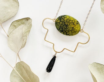 Green and Black Agate with Art Deco Inspired Brass Accent and 14k Gold Fill Chain // Geometric Statement, One of a Kind Long Length Necklace