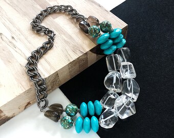 Quartz and Turquoise Chunky Stone Statement Necklace // Clear, Blue, Green, Gray and Brown with Gunmetal Chain Adjustable Length Necklace