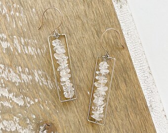Quartz, German Silver Frames & Sterling Silver Ear Wires // Clear Chips Shards, Rectangular Nickel Geometric Neutral Statement Earrings