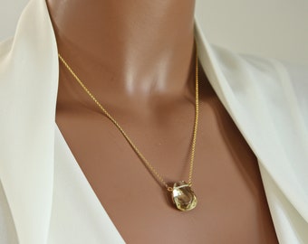 Light Yellow Lemon Topaz Hand-Cut Teardrop Necklace on Sterling Silver or 22K Vermeil Fine Chain, Irregular Shaped Smooth Tear Drop Necklace