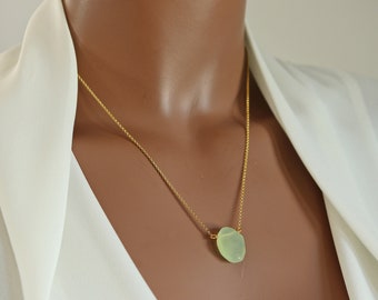 Light Green Chalcedony Hand-Cut Teardrop Necklace on Sterling Silver or 22K Vermeil Fine Chain, Irregular Shape Tear Drop Necklace