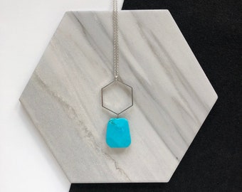 Faceted Flat Turquoise Nugget and Silver Hexagon Long Necklace // Geometric Blue and Sterling Plated Nickel-Free Chain Statement Necklace