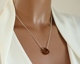 Brown Smokey Quartz Hand-Cut Teardrop Necklace on 22K Vermeil or Sterling Silver Fine Chain, Irregular Shaped Smooth Tear Drop Necklace