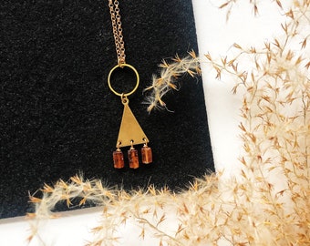 Sunstone, Raw Brass Triangle and Nickel Free Chain Midi Necklace / Geometric Lightweight Minimalist Orange Red & Gold Medium Length Necklace