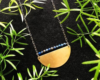 Lapis Lazuli, Raw Brass Geometric Shape and 14K Gold Fill Chain // Blue and Gold Half Circle Midi Adjustable Length Minimalist Necklace