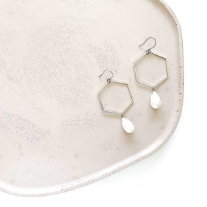 Fresh Water Pearl, Silver Plated Hexagons and Sterling Silver Ear Wires Earrings // White Teardrop Boho Geometric Hex Statement Earrings image 1