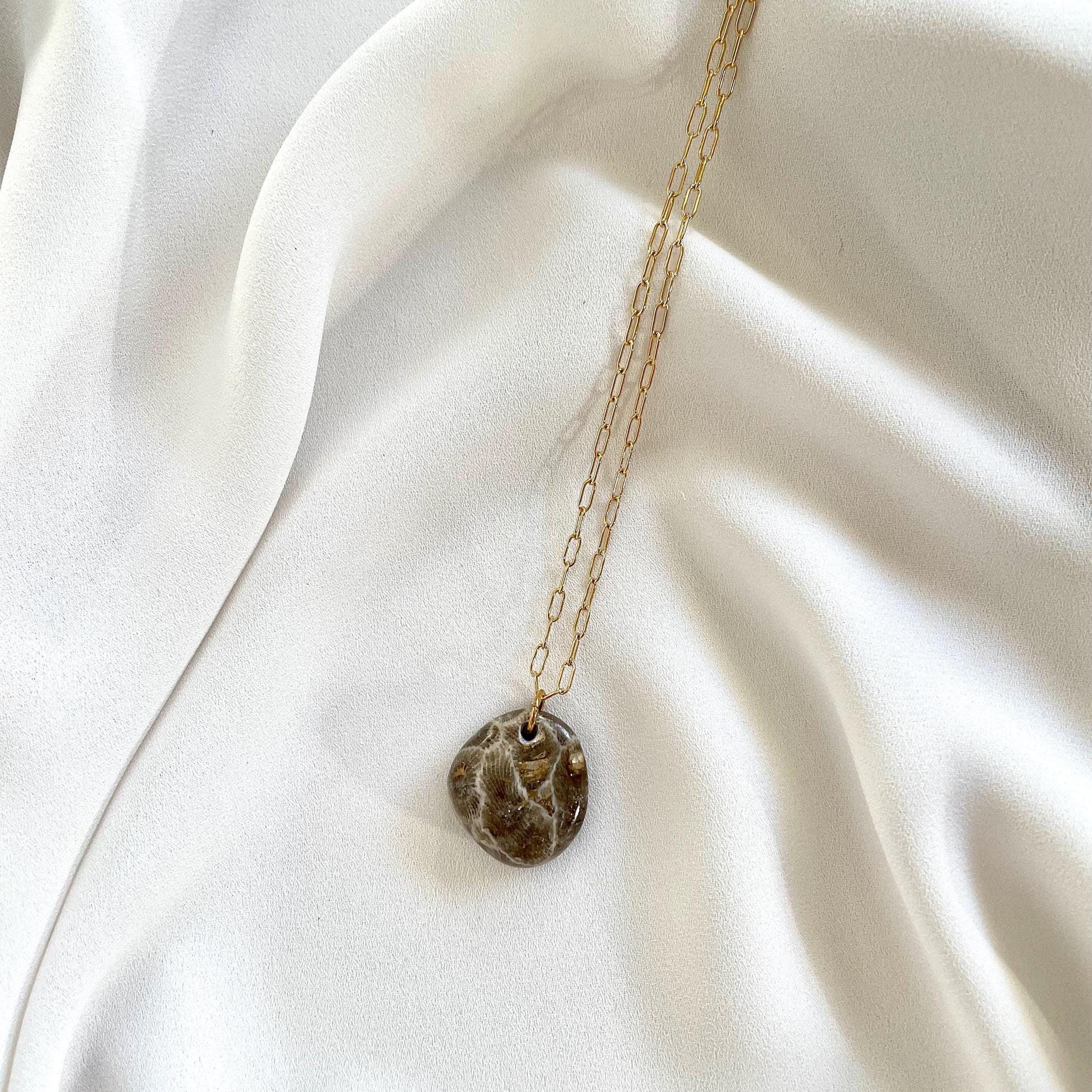 Petoskey Stone, Gold-Plated Nickel-Free Chain and Clasp Necklace // Gray Beige, Natural Michigan Stone Fossil, MI Neutral Color, Minimalist