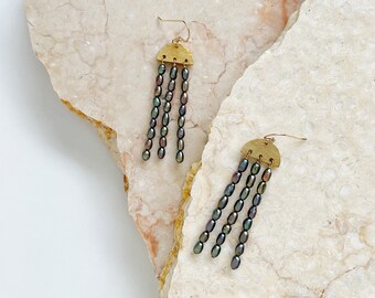 Fresh Water Pearl, Brass & 14k Gold Fill Earrings // Peacock Purple, Blue, Green, Teal, Bronze Geometric Half Circle Statement Earrings