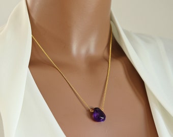 Deep Purple Amethyst Hand-Cut Teardrop Necklace on 22K Vermeil or Sterling Silver Fine Chain, Irregular Shaped Smooth Tear Drop Necklace