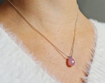 Rosenquarz facettierte Teardrop Halskette auf Sterling Silber oder Vermeil feine Kette, rosa & Silber Halskette, funkelnde Halskette, Januar Birthstone