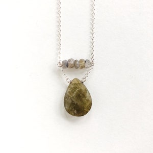 Faceted Labradorite Bar and Teardrop Sterling Silver Fine Chain Necklace // Blue, Green, Gray Sparkly Minimalist Layering Neutral Necklace image 2