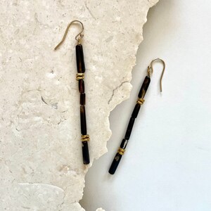 Agate Tubes, Brass Beads and 14K Gold Fill Ear Wires // Black Brown Clear, Minimalist Lightweight Geometric, One of a Kind OOAK Earrings image 4