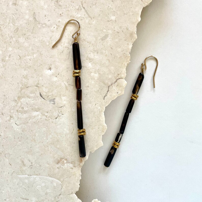 Agate Tubes, Brass Beads and 14K Gold Fill Ear Wires // Black Brown Clear, Minimalist Lightweight Geometric, One of a Kind OOAK Earrings image 4