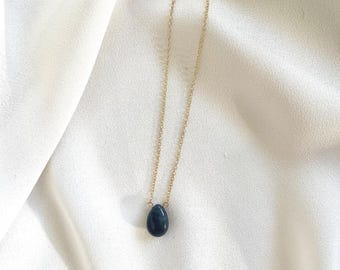 Saphir Puffed Glatter Tropfen, 14K Gold Fill Halskette // Dunkles Marineblau, Zierlich, leicht, einstellbar, kurze Länge