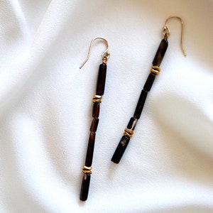 Agate Tubes, Brass Beads and 14K Gold Fill Ear Wires // Black Brown Clear, Minimalist Lightweight Geometric, One of a Kind OOAK Earrings image 6