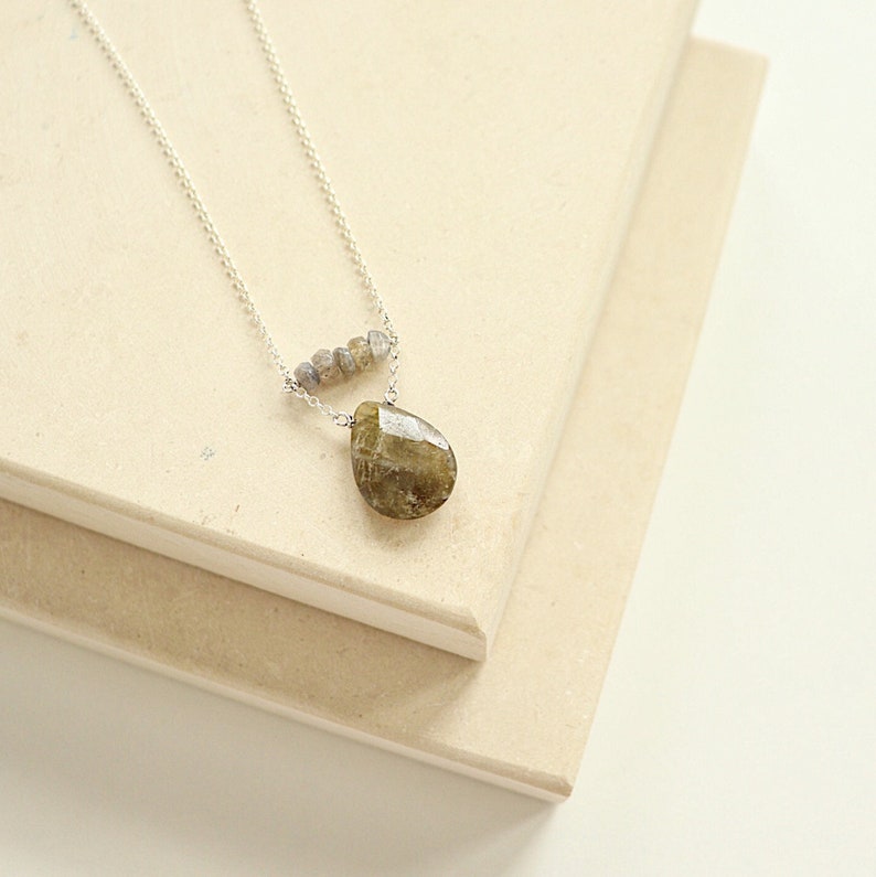 Faceted Labradorite Bar and Teardrop Sterling Silver Fine Chain Necklace // Blue, Green, Gray Sparkly Minimalist Layering Neutral Necklace image 1